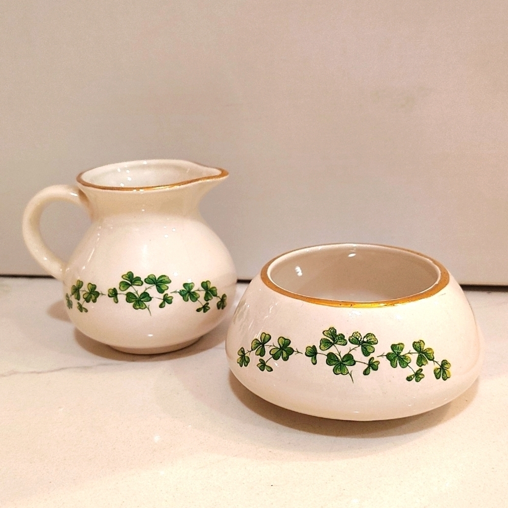 Carrigcraft County Cork Ireland  creamer sugar clover print white green gold rim